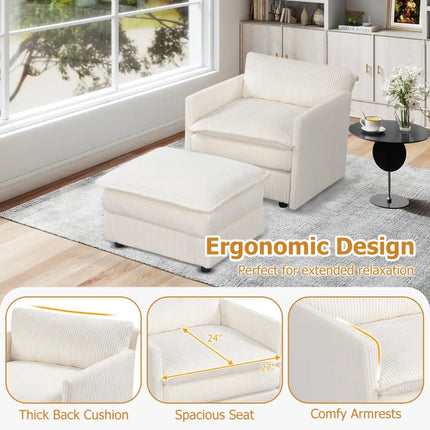 Oversized Accent Chair with Ottoman with Soft Corduroy Cushions-Beige - Beige - Accent Chairs