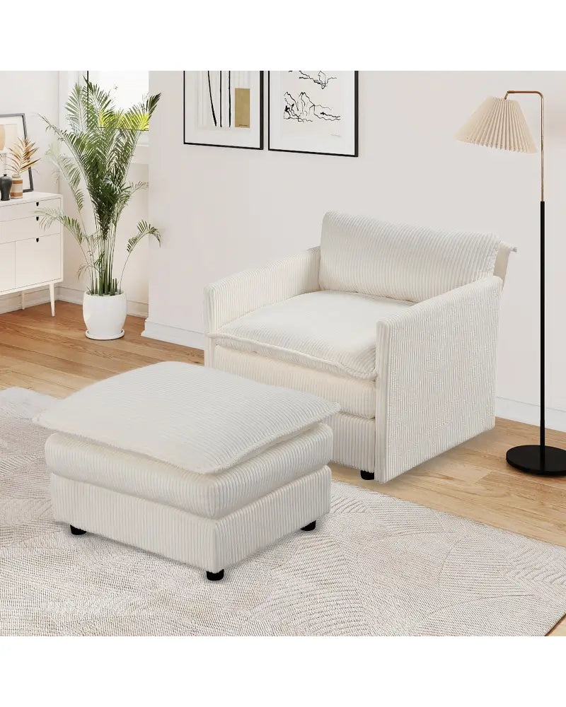 Oversized Accent Chair with Ottoman with Soft Corduroy Cushions-Beige - Beige - Accent Chairs