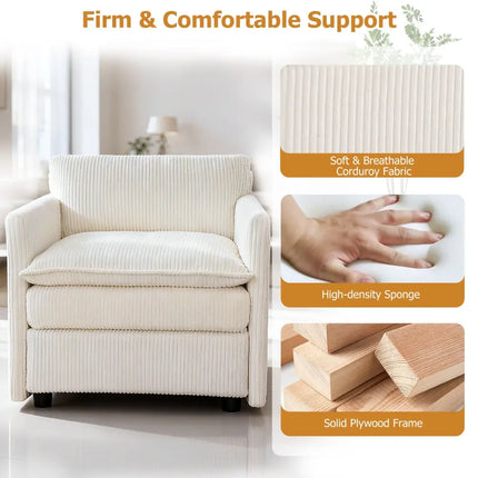 Oversized Accent Chair with Ottoman with Soft Corduroy Cushions-Beige - Beige - Accent Chairs