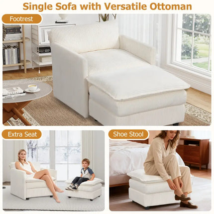 Oversized Accent Chair with Ottoman with Soft Corduroy Cushions-Beige - Beige - Accent Chairs
