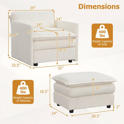 Oversized Accent Chair with Ottoman with Soft Corduroy Cushions-Beige - Beige - Accent Chairs