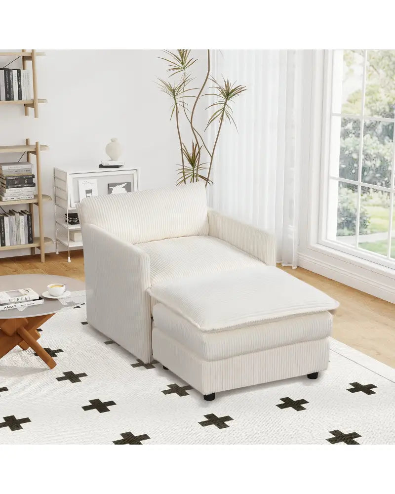 Oversized Accent Chair with Ottoman with Soft Corduroy Cushions-Beige - Beige - Accent Chairs
