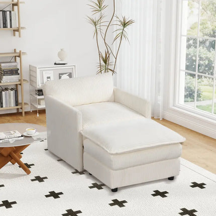Oversized Accent Chair with Ottoman with Soft Corduroy Cushions-Beige - Beige - Accent Chairs
