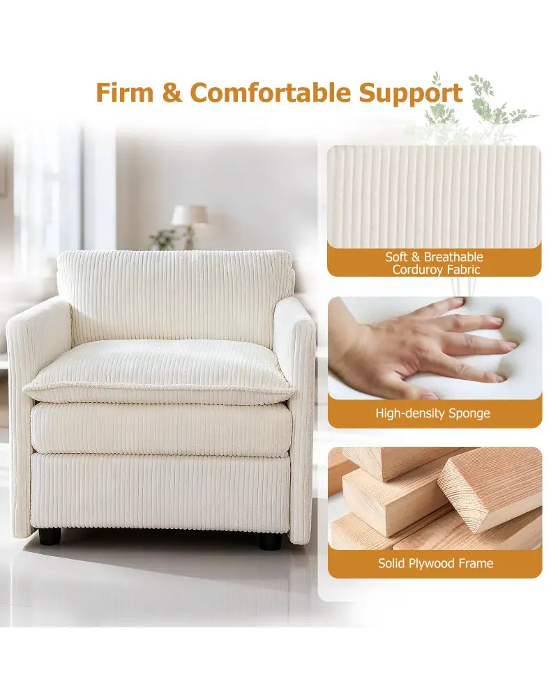 Oversized Accent Chair with Ottoman with Soft Corduroy Cushions-Beige - Beige - Accent Chairs
