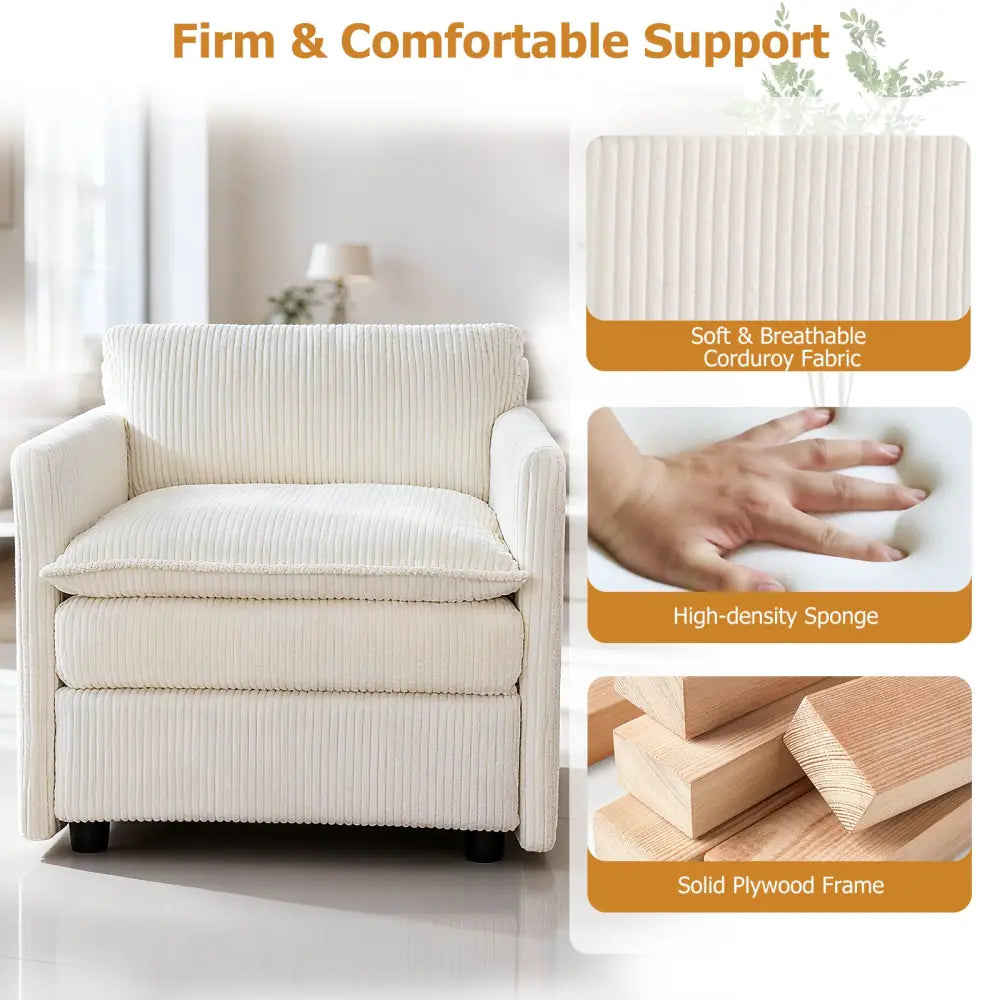 Oversized Accent Chair with Ottoman with Soft Corduroy Cushions-Beige - Beige - Accent Chairs