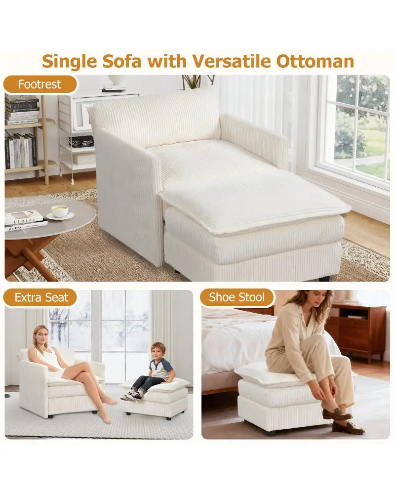 Oversized Accent Chair with Ottoman with Soft Corduroy Cushions-Beige - Beige - Accent Chairs