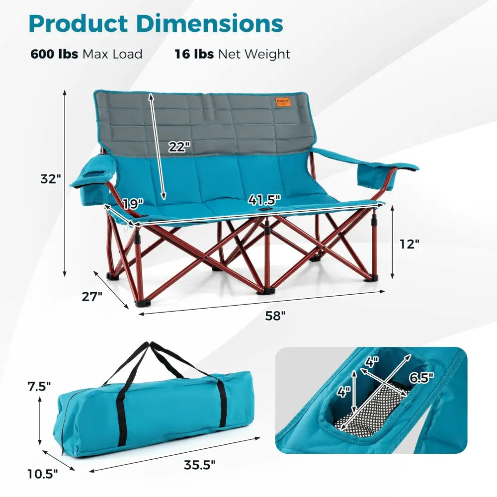 Oversized Camping Chair Folding Loveseat Camping Couch with Cup Holders & Thick Padding-Blue - Blue - Camping Furniture