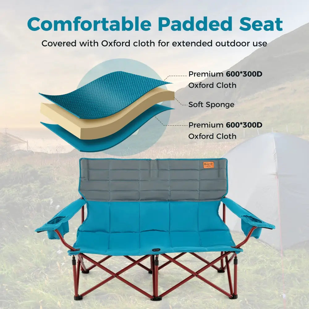 Oversized Camping Chair Folding Loveseat Camping Couch with Cup Holders & Thick Padding-Blue - Blue - Camping Furniture