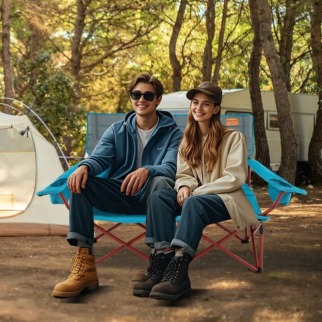 Oversized Camping Chair Folding Loveseat Camping Couch with Cup Holders & Thick Padding-Blue - Blue - Camping Furniture