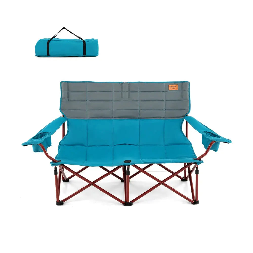 Oversized Camping Chair Folding Loveseat Camping Couch with Cup Holders & Thick Padding-Blue - Blue - Camping Furniture