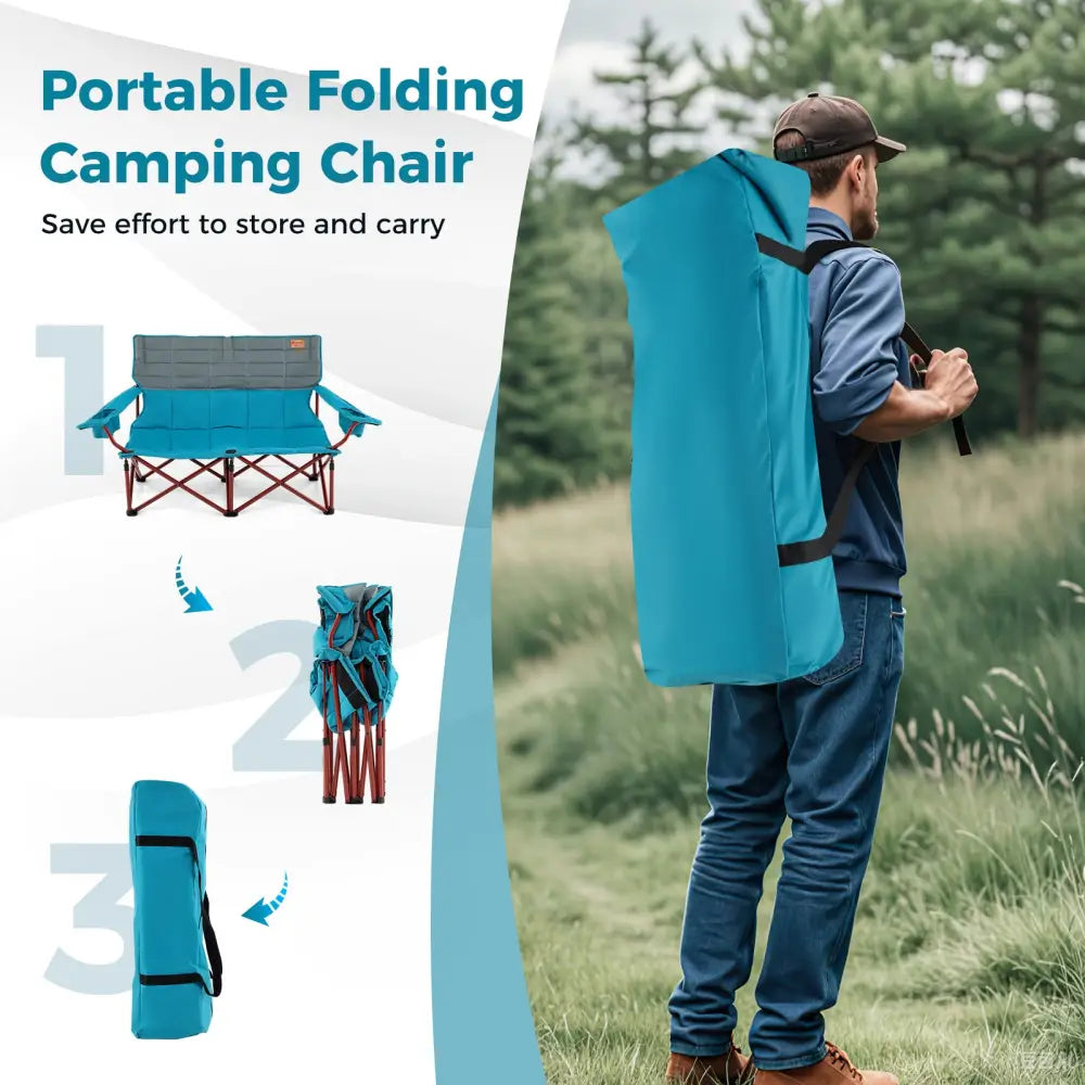 Oversized Camping Chair Folding Loveseat Camping Couch with Cup Holders & Thick Padding-Blue - Blue - Camping Furniture