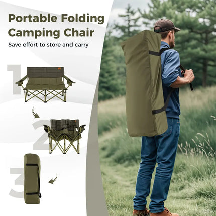 Oversized Camping Chair Folding Loveseat Camping Couch with Cup Holders & Thick Padding-Green - Green - Camping
