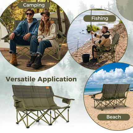 Oversized Camping Chair Folding Loveseat Camping Couch with Cup Holders & Thick Padding-Green - Green - Camping