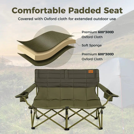 Oversized Camping Chair Folding Loveseat Camping Couch with Cup Holders & Thick Padding-Green - Green - Camping