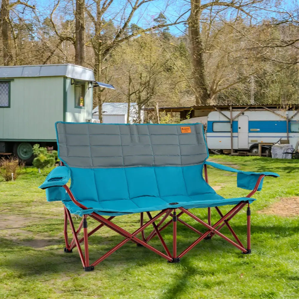 Oversized Camping Chair Folding Loveseat Camping Couch with Cup Holders & Thick Padding-Blue - Blue - Camping Furniture