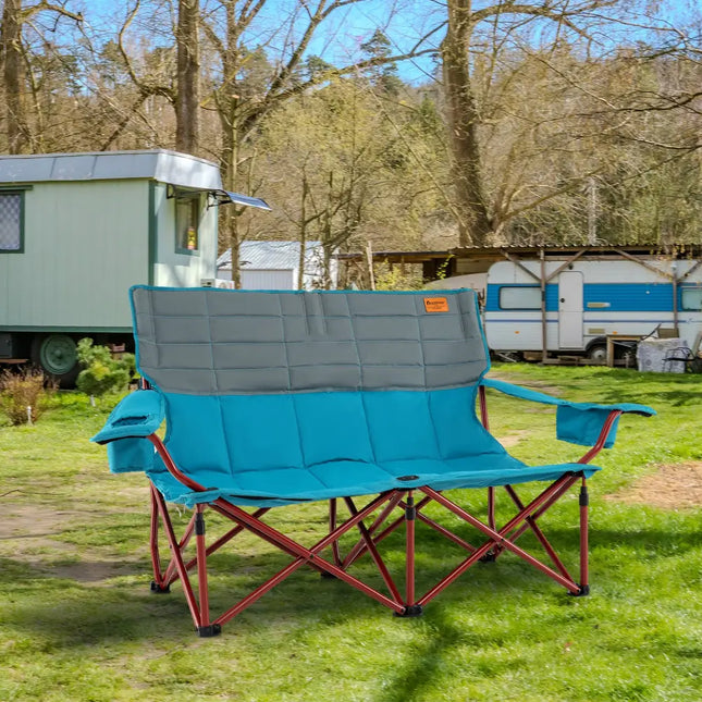 Oversized Camping Chair Folding Loveseat Camping Couch with Cup Holders & Thick Padding-Blue - Blue - Camping Furniture
