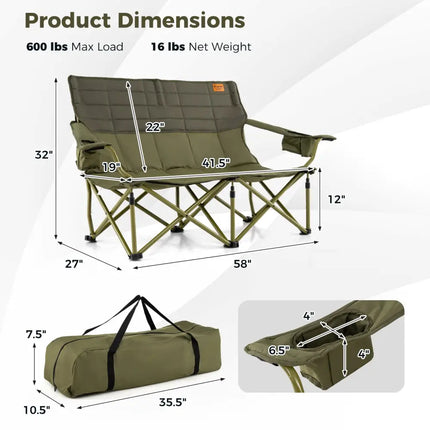 Oversized Camping Chair Folding Loveseat Camping Couch with Cup Holders & Thick Padding-Green - Green - Camping