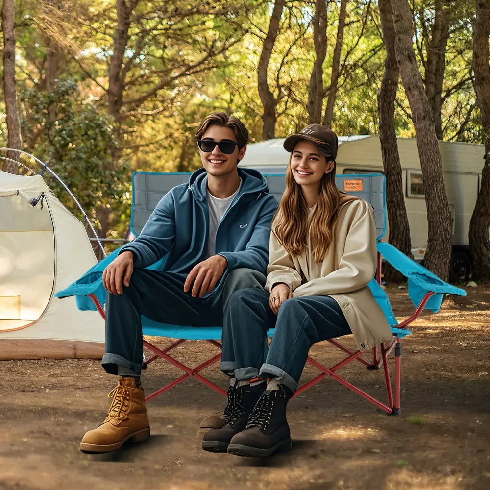 Oversized Camping Chair Folding Loveseat Camping Couch with Cup Holders & Thick Padding-Blue - Blue - Camping Furniture
