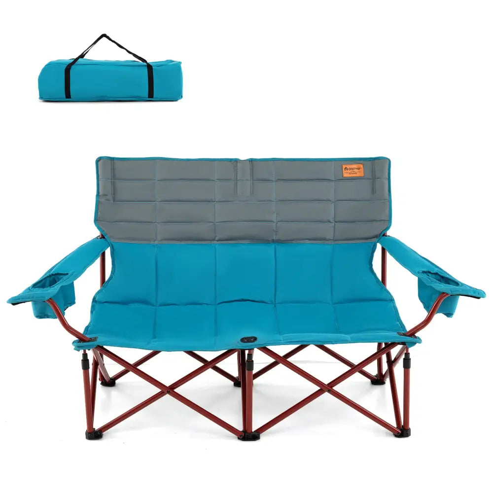 Oversized Camping Chair Folding Loveseat Camping Couch with Cup Holders & Thick Padding-Blue - Blue - Camping Furniture