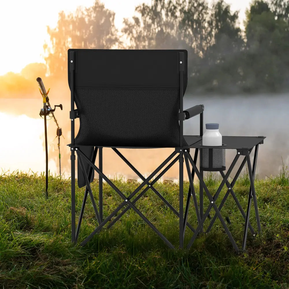 Oversized Camping Chair with Side Table and 2 Storage Pockets-Black - Black - Camping Furniture