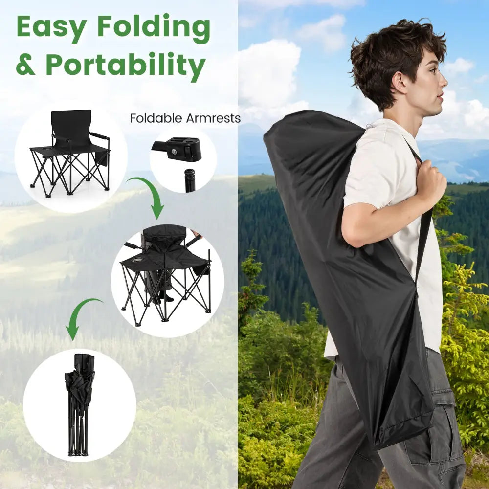 Oversized Camping Chair with Side Table and 2 Storage Pockets-Black - Black - Camping Furniture