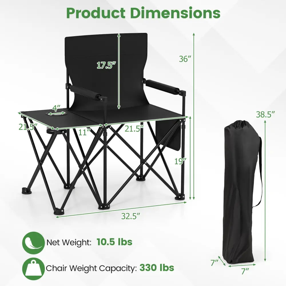 Oversized Camping Chair with Side Table and 2 Storage Pockets-Black - Black - Camping Furniture