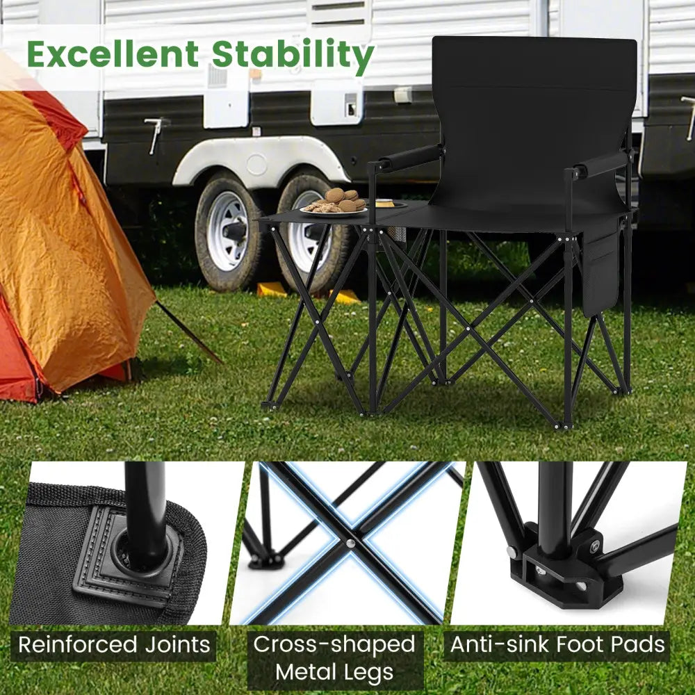 Oversized Camping Chair with Side Table and 2 Storage Pockets-Black - Black - Camping Furniture