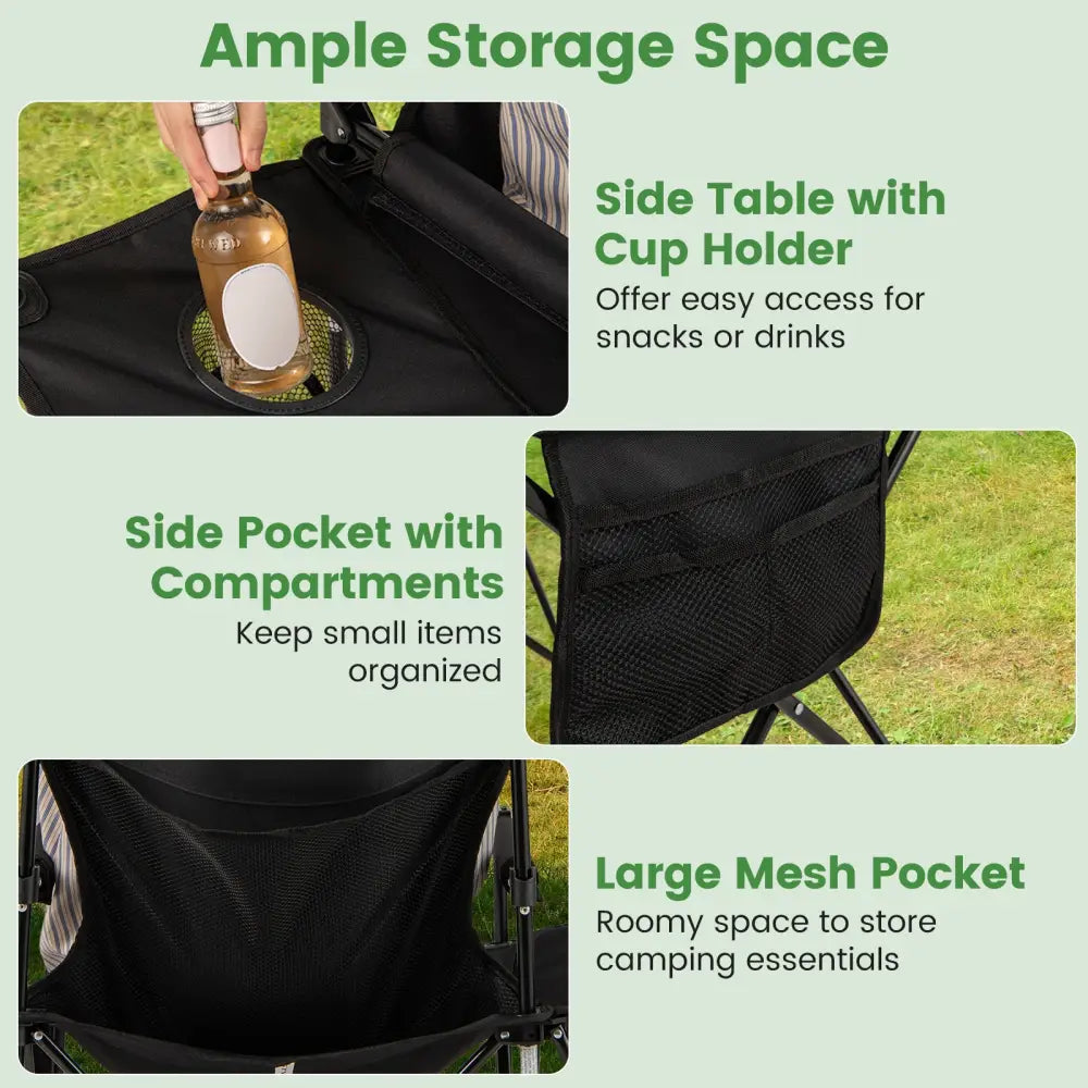 Oversized Camping Chair with Side Table and 2 Storage Pockets-Black - Black - Camping Furniture