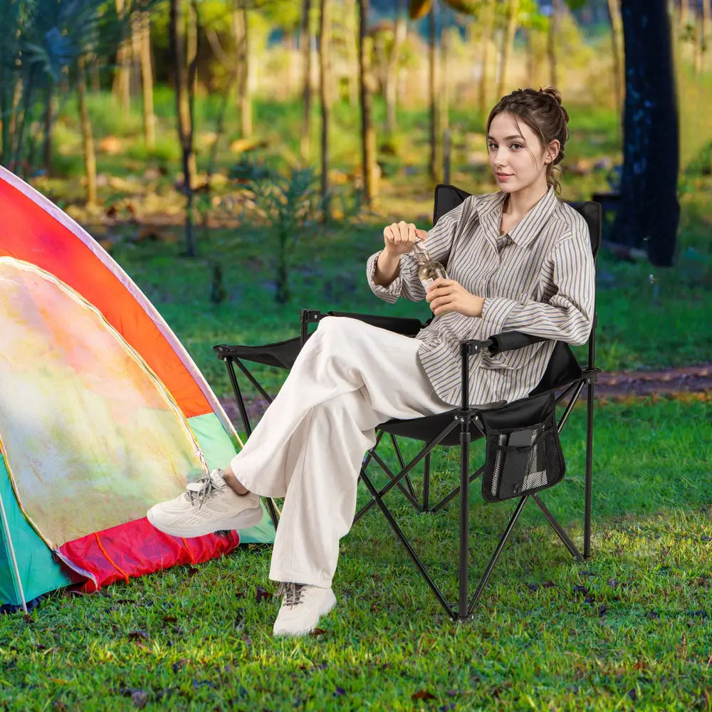 Oversized Camping Chair with Side Table and 2 Storage Pockets-Black - Black - Camping Furniture