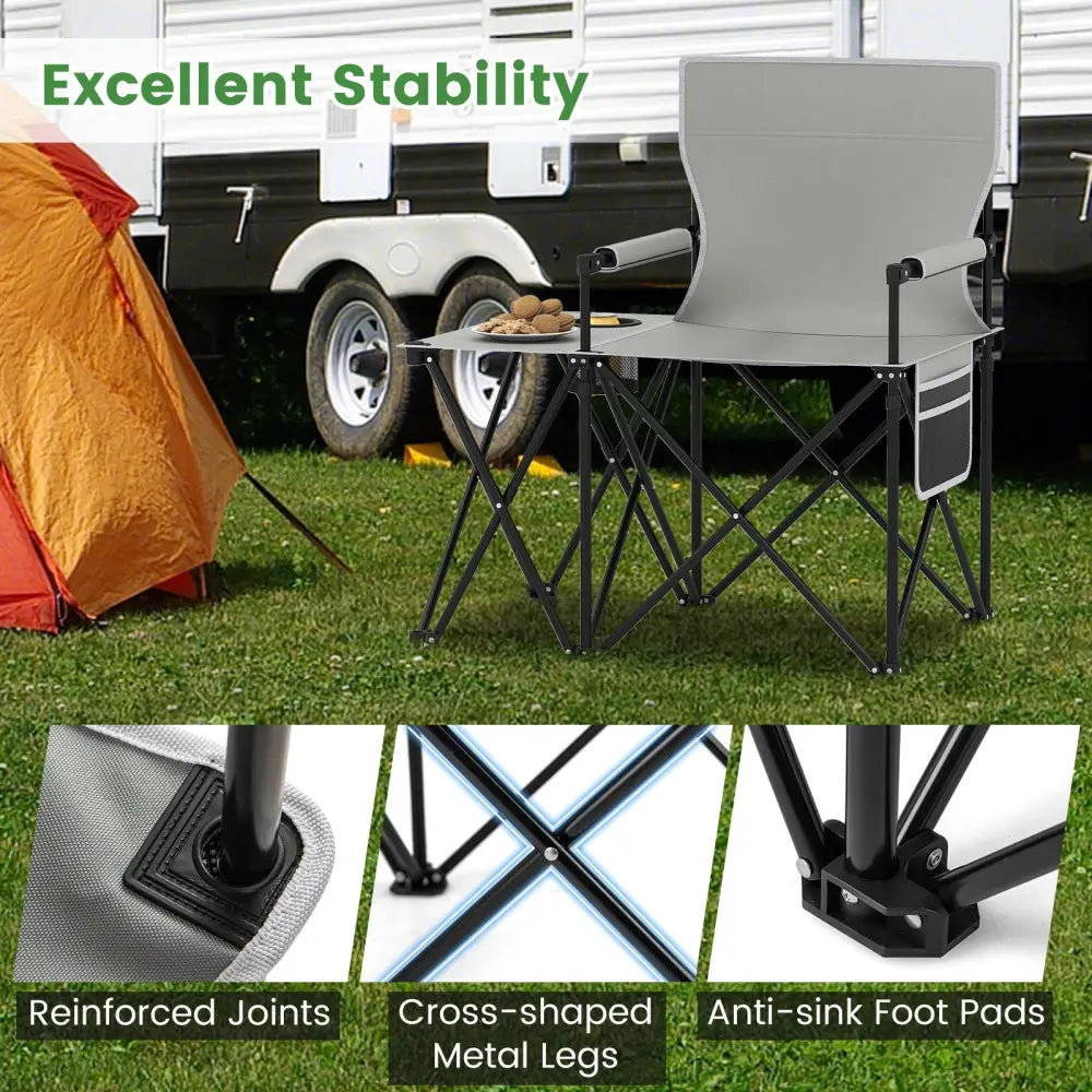 Oversized Camping Chair with Side Table and 2 Storage Pockets-Gray - Gray - Camping Furniture