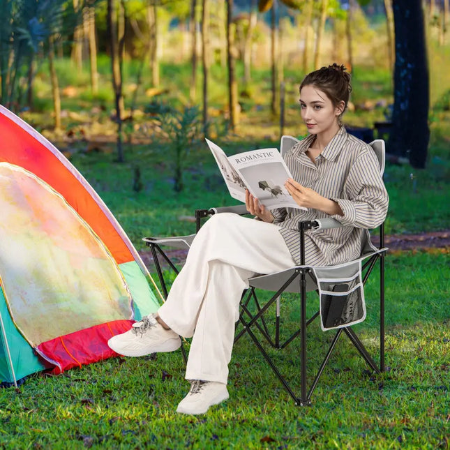 Oversized Camping Chair with Side Table and 2 Storage Pockets-Gray - Gray - Camping Furniture
