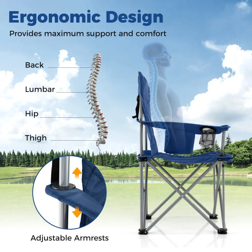 Oversized Camping Chairs Outdoor Folding Chair with Cooler Pouch and Cup Holder-Navy - Navy - Camping Furniture