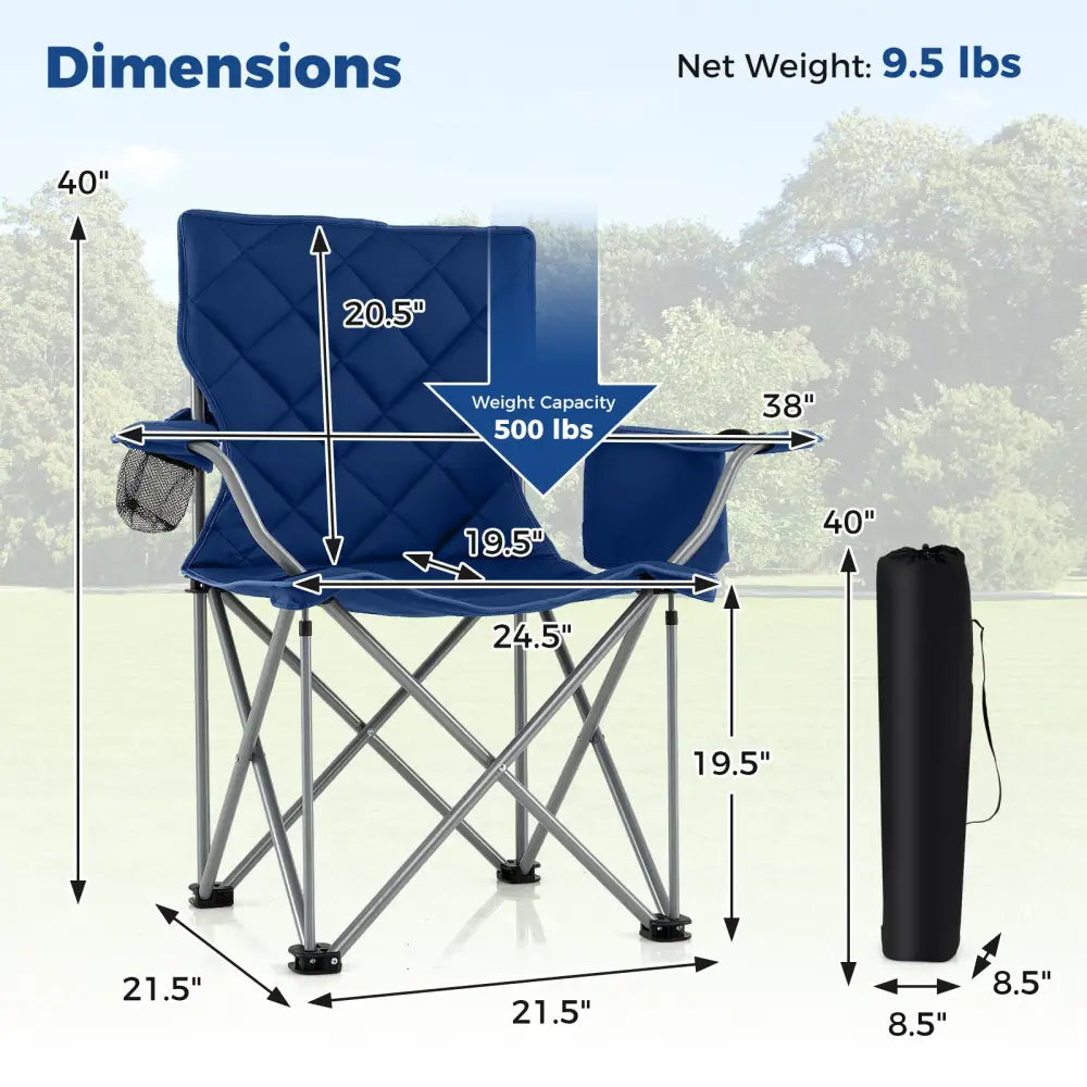 Oversized Camping Chairs Outdoor Folding Chair with Cooler Pouch and Cup Holder-Navy - Navy - Camping Furniture