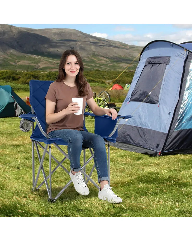 Oversized Camping Chairs Outdoor Folding Chair with Cooler Pouch and Cup Holder-Navy - Navy - Camping Furniture