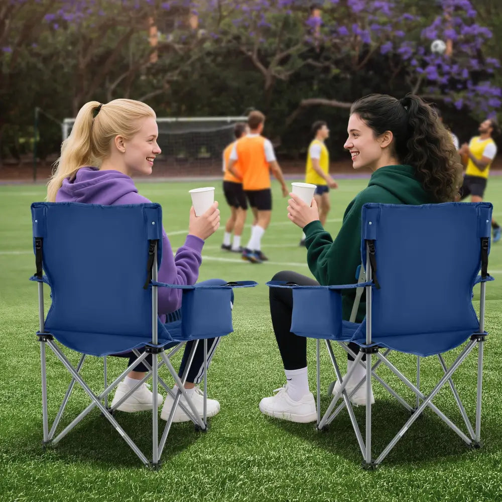 Oversized Camping Chairs Outdoor Folding Chair with Cooler Pouch and Cup Holder-Navy - Navy - Camping Furniture