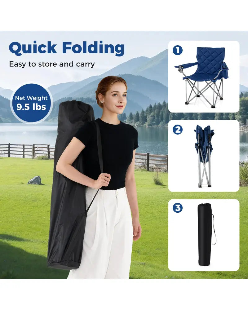 Oversized Camping Chairs Outdoor Folding Chair with Cooler Pouch and Cup Holder-Navy - Navy - Camping Furniture