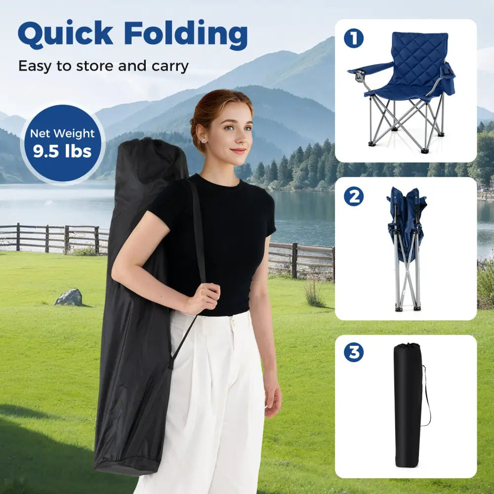 Oversized Camping Chairs Outdoor Folding Chair with Cooler Pouch and Cup Holder-Navy - Navy - Camping Furniture