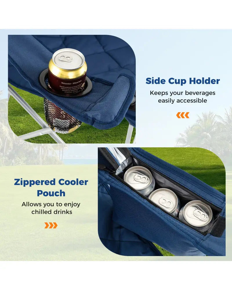 Oversized Camping Chairs Outdoor Folding Chair with Cooler Pouch and Cup Holder-Navy - Navy - Camping Furniture