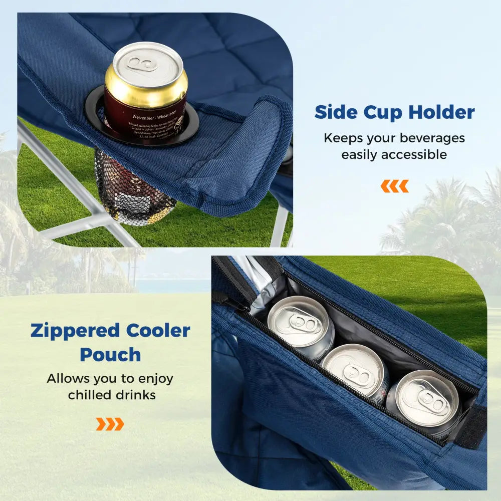 Oversized Camping Chairs Outdoor Folding Chair with Cooler Pouch and Cup Holder-Navy - Navy - Camping Furniture