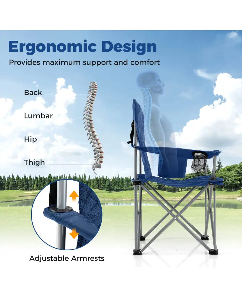 Oversized Camping Chairs Outdoor Folding Chair with Cooler Pouch and Cup Holder-Navy - Navy - Camping Furniture