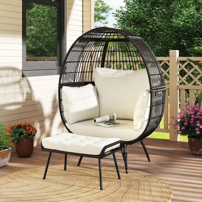 Oversized Egg Chair with Ottoman and Soft Cushions - White - Outdoor Chaise Lounges