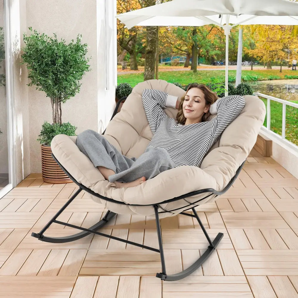Oversized Egg Papasan Chair with Padded Cushion for Porch-Beige - Beige - Patio Rocking Chairs & Gliders