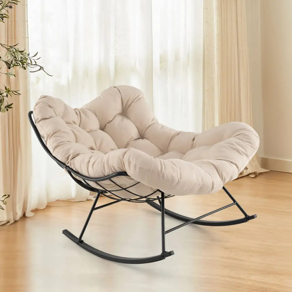 Oversized Egg Papasan Chair with Padded Cushion for Porch-Beige - Beige - Patio Rocking Chairs & Gliders