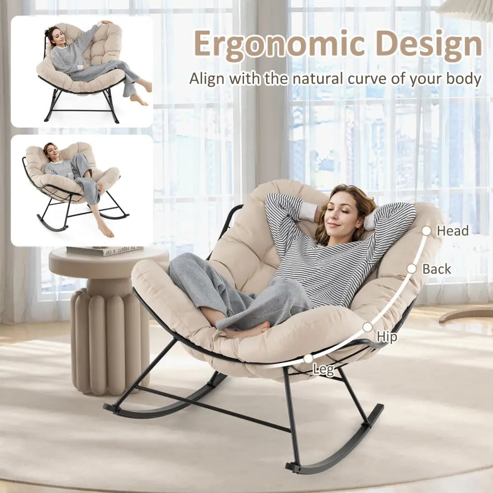 Oversized Egg Papasan Chair with Padded Cushion for Porch-Beige - Beige - Patio Rocking Chairs & Gliders