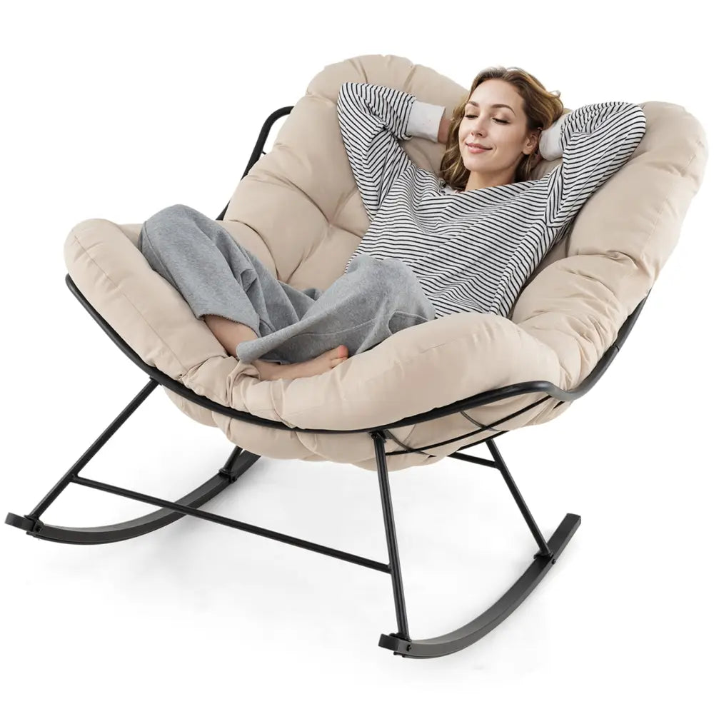 Oversized Egg Papasan Chair with Padded Cushion for Porch-Beige - Beige - Patio Rocking Chairs & Gliders