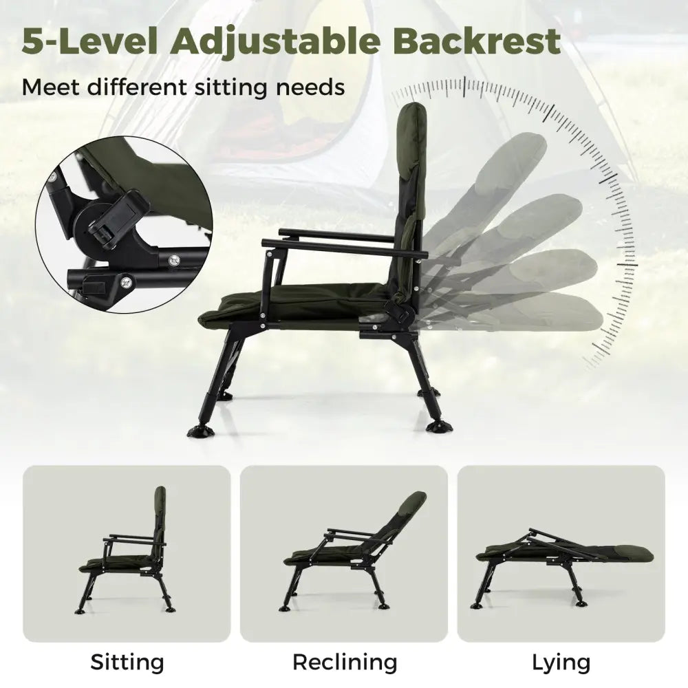 Oversized Foldable Fishing Chair for Adults with Armrest-Green - Green - Camping Furniture