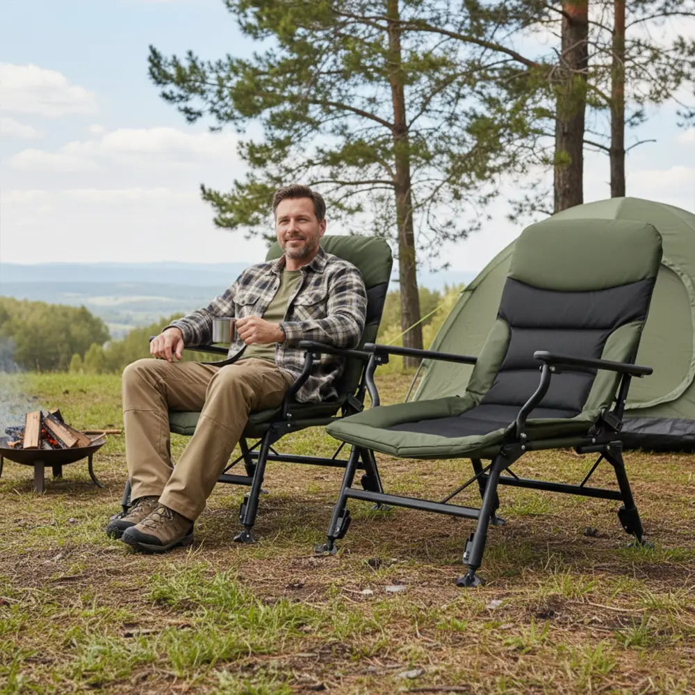 Oversized Foldable Fishing Chair for Adults with Armrest-Green - Green - Camping Furniture
