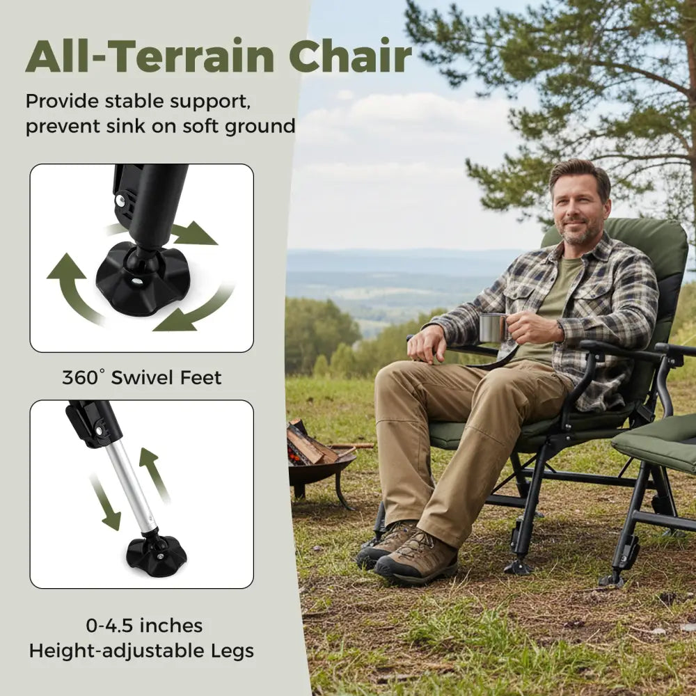 Oversized Foldable Fishing Chair for Adults with Armrest-Green - Green - Camping Furniture