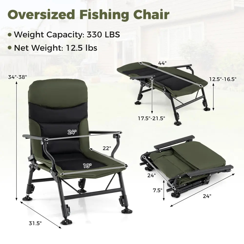 Oversized Foldable Fishing Chair for Adults with Armrest-Green - Green - Camping Furniture