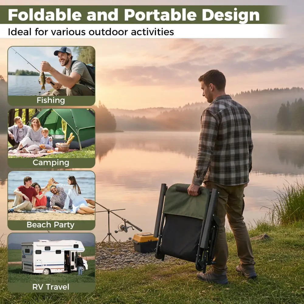 Oversized Foldable Fishing Chair with Detachable Footrest-Green - Green - Camping Furniture